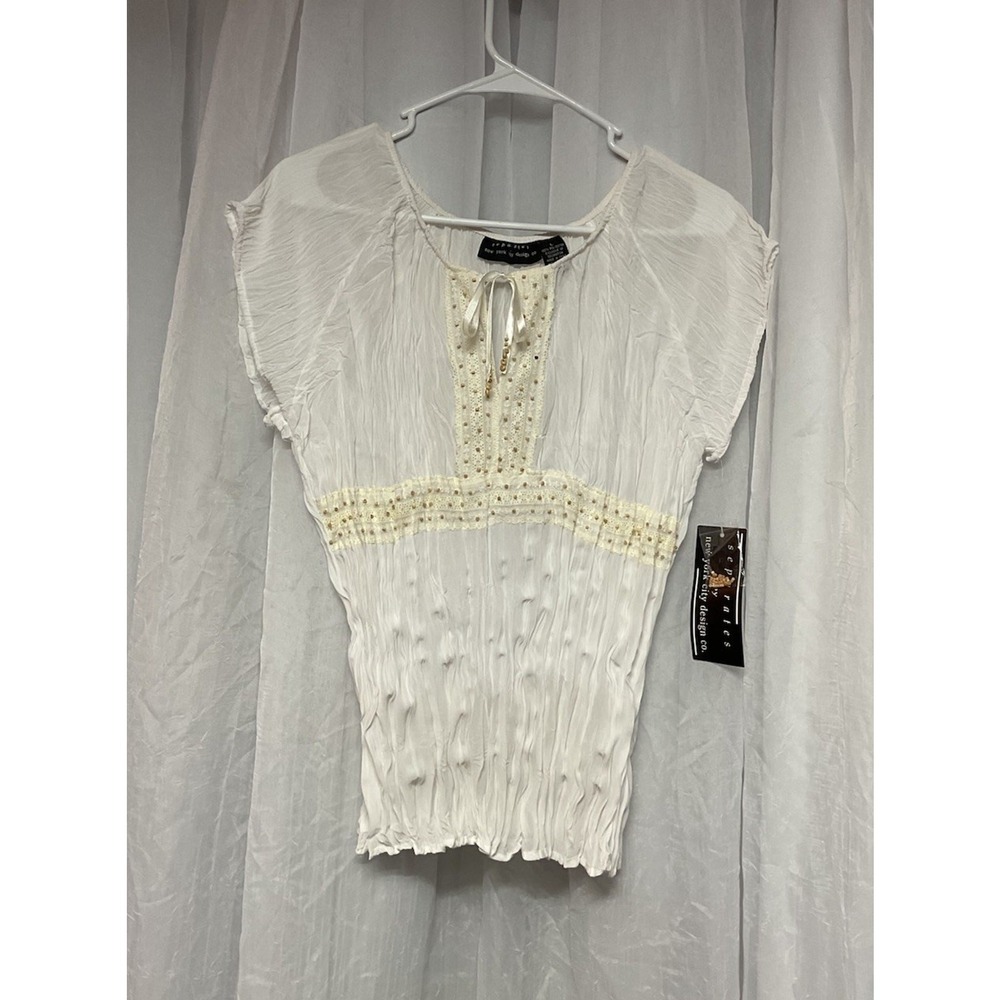 Vtg Separates Ny White Ruched Tie Beaded Blouse Boho Whimsical‎ Small Sheer Y2K